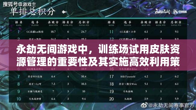 永劫无间游戏中，训练场试用皮肤资源管理的重要性及其实施高效利用策略