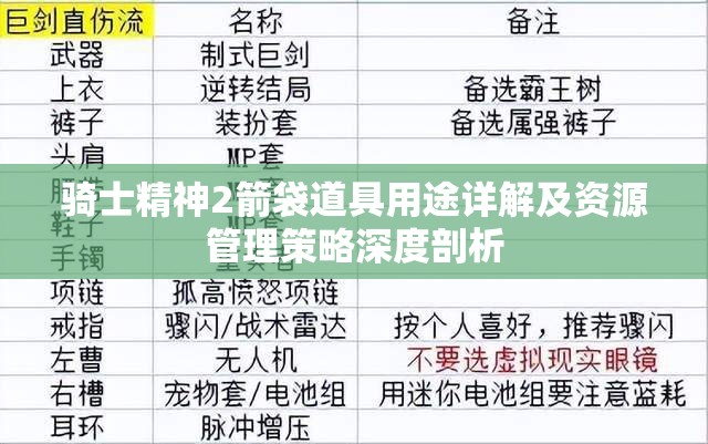 骑士精神2箭袋道具用途详解及资源管理策略深度剖析