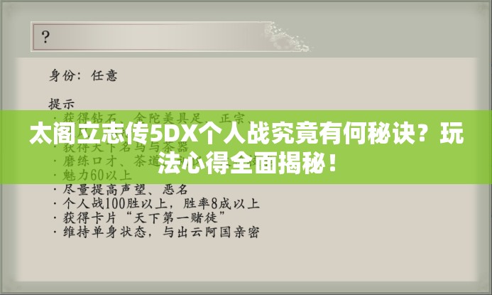 太阁立志传5DX个人战究竟有何秘诀？玩法心得全面揭秘！